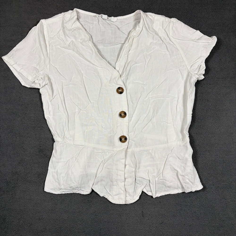 Love Tree Blouse Womens Small White Short Sleeve Peplum V-Neck Button Front